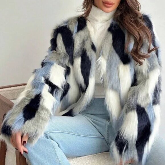 Luxe Vegan Fur Multicolor Oversized Open Front Jacket Coat - Picture 1 of 6